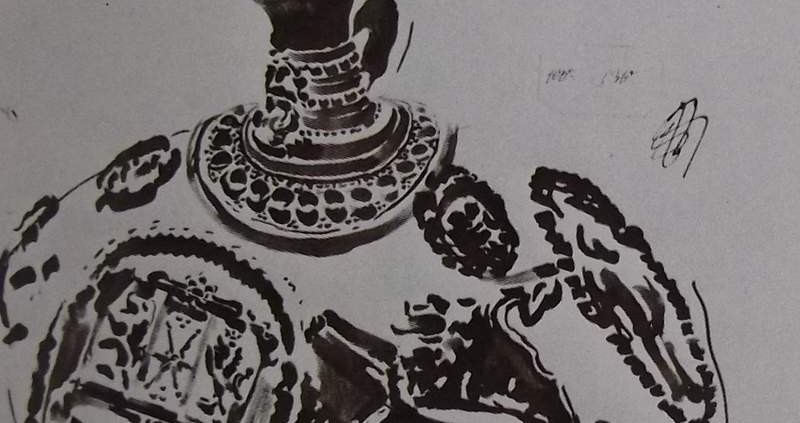Ce détail d'un dessin de Victor Hugo représente le sommet d'un vase, décoré de motifs circulaires, et son bec verseur.