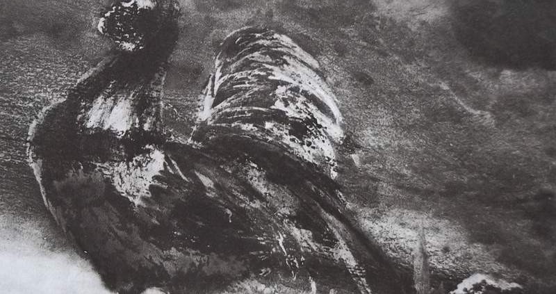 Ce détail d'un dessin de Victor Hugo représente un coq poussant son cri entre la campagne et la ville qu'il domine de toute sa hauteur.