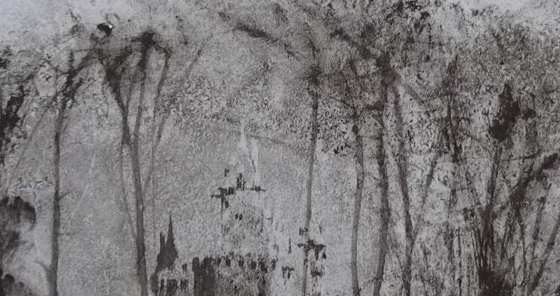 Ce détail d'un dessin de Victor Hugo représente le donjon d'un château, avec ses tourelles, qui surgissent dans un bois, cachant un monstre "dans ces buissons".