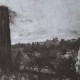 Ce détail d'un dessin de Victor Hugo représente une tour sombre qui se dresse à gauche, au-dessus d'une ville. Une église apparaît dans le coin droit, en silhouette, et le clocher d'une autre, blanche, juste en dessous.