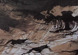 Ce détail d'un dessin de Victor Hugo représente le flot "terrible et magnifique" où les "monstres sont à l'aise dans sa profondeur glauque". L'un d'eux apparaît en haut à droite de cette représentation.