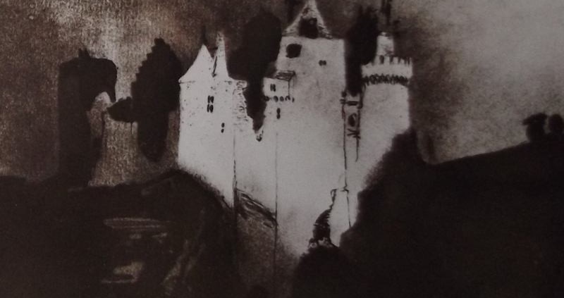Ce détail d'un dessin de Victor Hugo représente un manoir carré, éclairé par la lune, "flanqué de tours, fort vieux, et d'aspect noir."