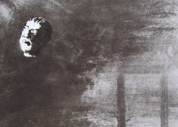 Ce détail d'un dessin de Victor Hugo représente une "tête coupée" qui flotte en haut à gauche, telle une lune dans le ciel, tandis qu'apparait en bas à droite le haut de la guillotine, une fois le fer tombé.