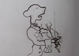 Ce détail d'un dessin de Victor Hugo représente un ahuri, vêtu d'une redingote, avec un jabot, prêt à jouer du violon, l'archet levé.