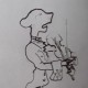Ce détail d'un dessin de Victor Hugo représente un ahuri, vêtu d'une redingote, avec un jabot, prêt à jouer du violon, l'archet levé.