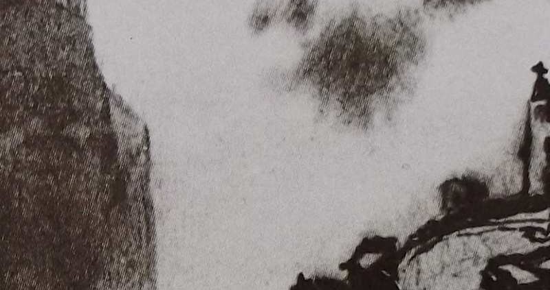 Ce détail d'un dessin de Victor Hugo représente un abîme. D'un côté, à gauche, juché sur un promontoire, une forteresse, de l'autre, la silhouette d'un homme coiffé d'un chapeau, qui observe.