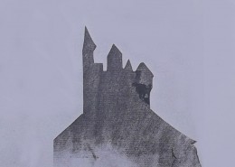 Ce détail d'un dessin de Victor Hugo représente la silhouette du donjon d'un château fort. Il s'agit là d'un pochoir.