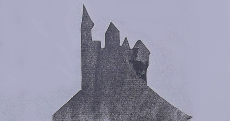 Ce détail d'un dessin de Victor Hugo représente la silhouette du donjon d'un château fort. Il s'agit là d'un pochoir.