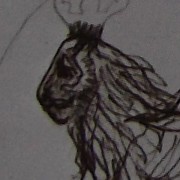 Ce détail d'un dessin de Victor Hugo représente la face, vue de profil (sic), d'un lion avec une couronne sur sa crinière.