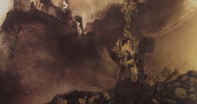 Ce détail d'un dessin de Victor Hugo représente un château fort au pied duquel est un affreux cimetière. De la croix s'échappe une nuée sombre qui se dirige vers le castel.