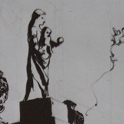 Ce détail d'un dessin de Victor Hugo représente des sculptures au sommet d'un temple (ou d'un autel). Un masque grimaçant qui est peut-être un pot et une statue de vierge à l'enfant présentant un globe ou un fruit de sa main gauche. Sue le coté se tord une vigne dont l'une des feuilles est une étoile.