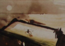 Ce détail d'un dessin de Victor Hugo représente un horizon au-dessus duquel apparaît la lune (ou le soleil ?). Au premier plan, dans un bassin, on aperçoit un homme, exilé et contemplant cet horizon.