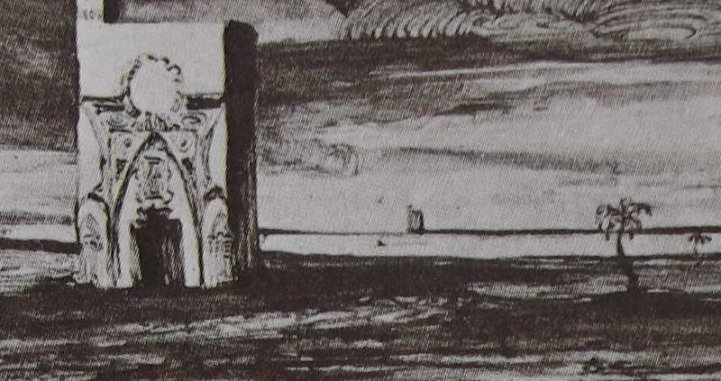Ce détail d'un dessin de Victor Hugo représente un édifice oriental, dans une grande plaine, au bord d'un lac. L'ombre d'Abd-el-Kader place dans les cieux.