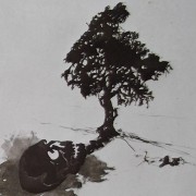 Ce détail d'un dessin de Victor Hugo représente la silhouette d'un arbre et son ombre projetée où apparaît une tête de mort.