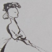 Ce détail d'un dessin de Victor Hugo représente le profil un peu rigide d'une jeune femme indifférente, assise bras croisés.