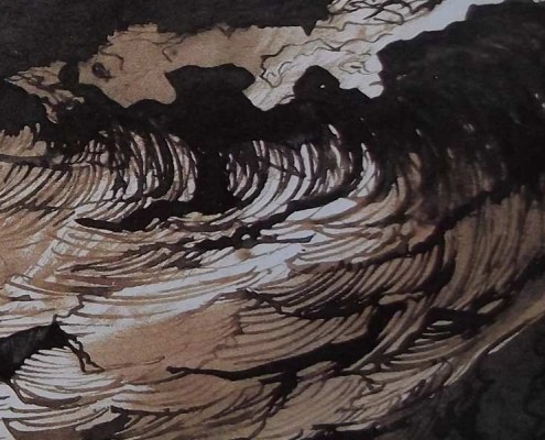 Ce détail d'un dessin de Victor Hugo représente la "vague, roue errante, et l'écume, cavale" et des "gouffres d'ombre".