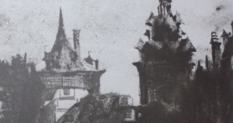 Ce détail d'un dessin de Victor Hugo représente deux tours qui pointent vers le ciel au-dessus des toits.