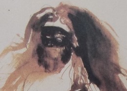 Ce détail d'un dessin de Victor Hugo représente le visage masqué d'une femme au buste nue, masquée, et aux cheveux flamboyants.