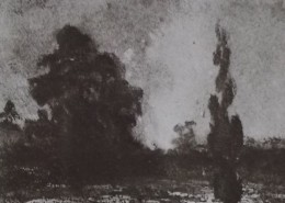 Ce détail d'un dessin de Victor Hugo représente un feu (l'ardente jalousie, âcre et fatal poison ?) au loin dans la forêt.