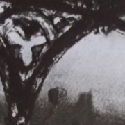 Ce détail d'un dessin de Victor Hugo représente une arcade, avec une ferronnerie représentant un trèfle à trois feuilles et, derrière, le sommet de deux tours.
