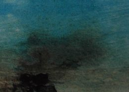 Ce détail d'un dessin de Victor Hugo représente un coin de ciel bleu et un nuage d'oiseaux, "buveurs d'azur faits pour s'enivrer d'air" qui s'envolent d'une île.
