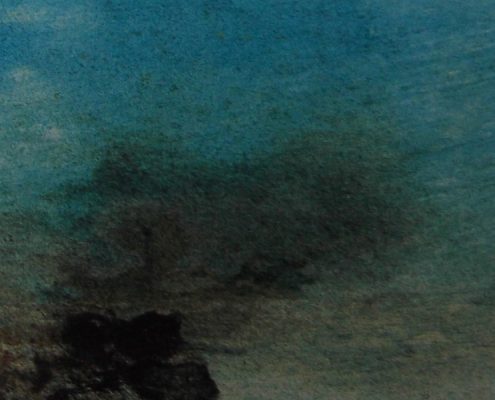 Ce détail d'un dessin de Victor Hugo représente un coin de ciel bleu et un nuage d'oiseaux, "buveurs d'azur faits pour s'enivrer d'air" qui s'envolent d'une île.
